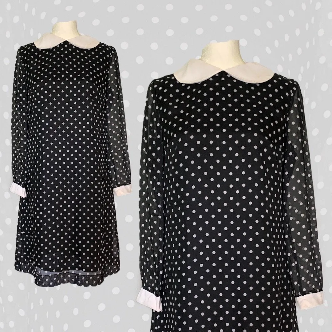 1960s Mod Babydoll Dress in Black Georgette with White Polka Dots. Instant Classic Party Dress.