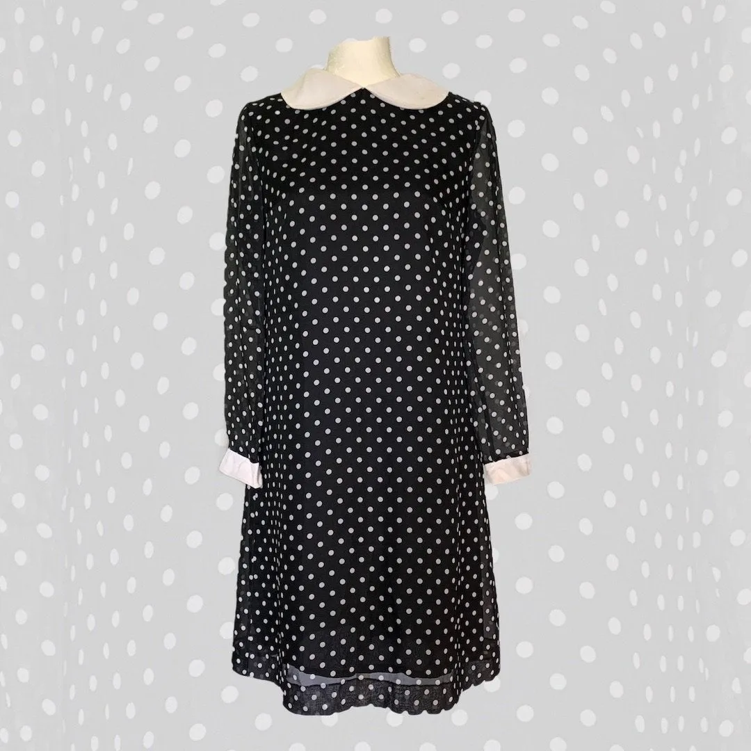 1960s Mod Babydoll Dress in Black Georgette with White Polka Dots. Instant Classic Party Dress.