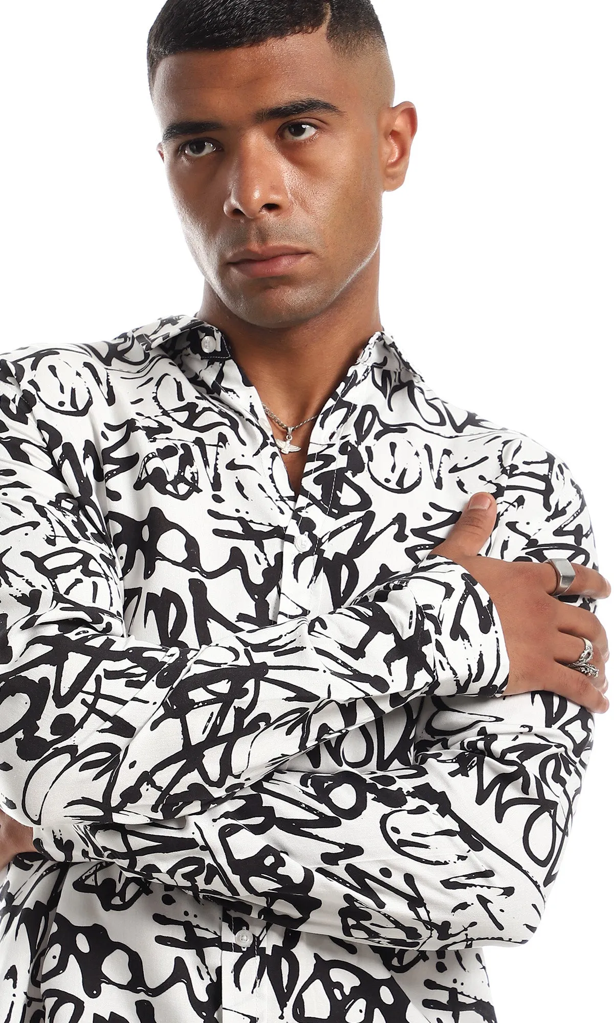 97834 Classic Collar Self Patterned Black & White Shirt