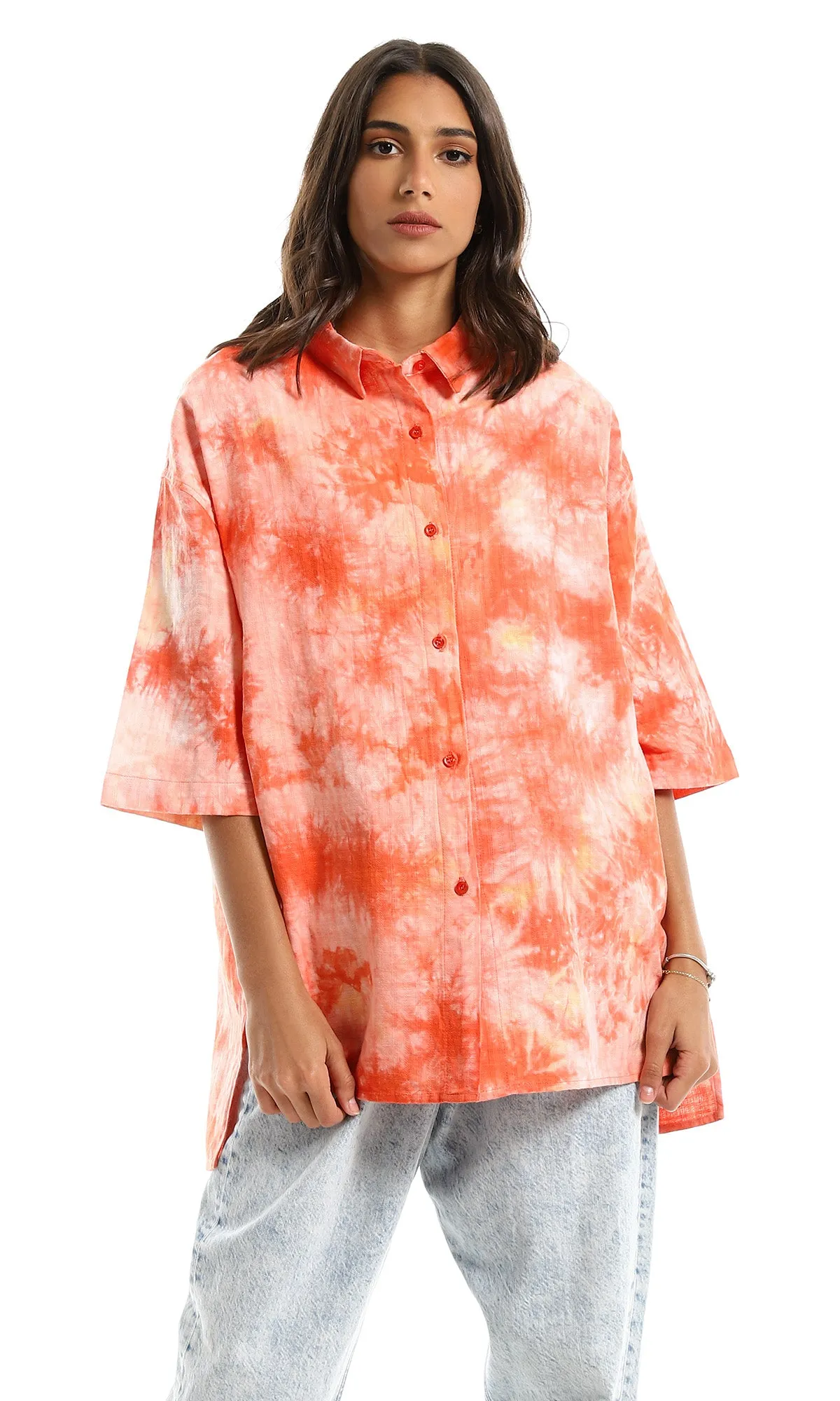 98818 Tie Dye Self Pattern Over-Size Orange Shirt