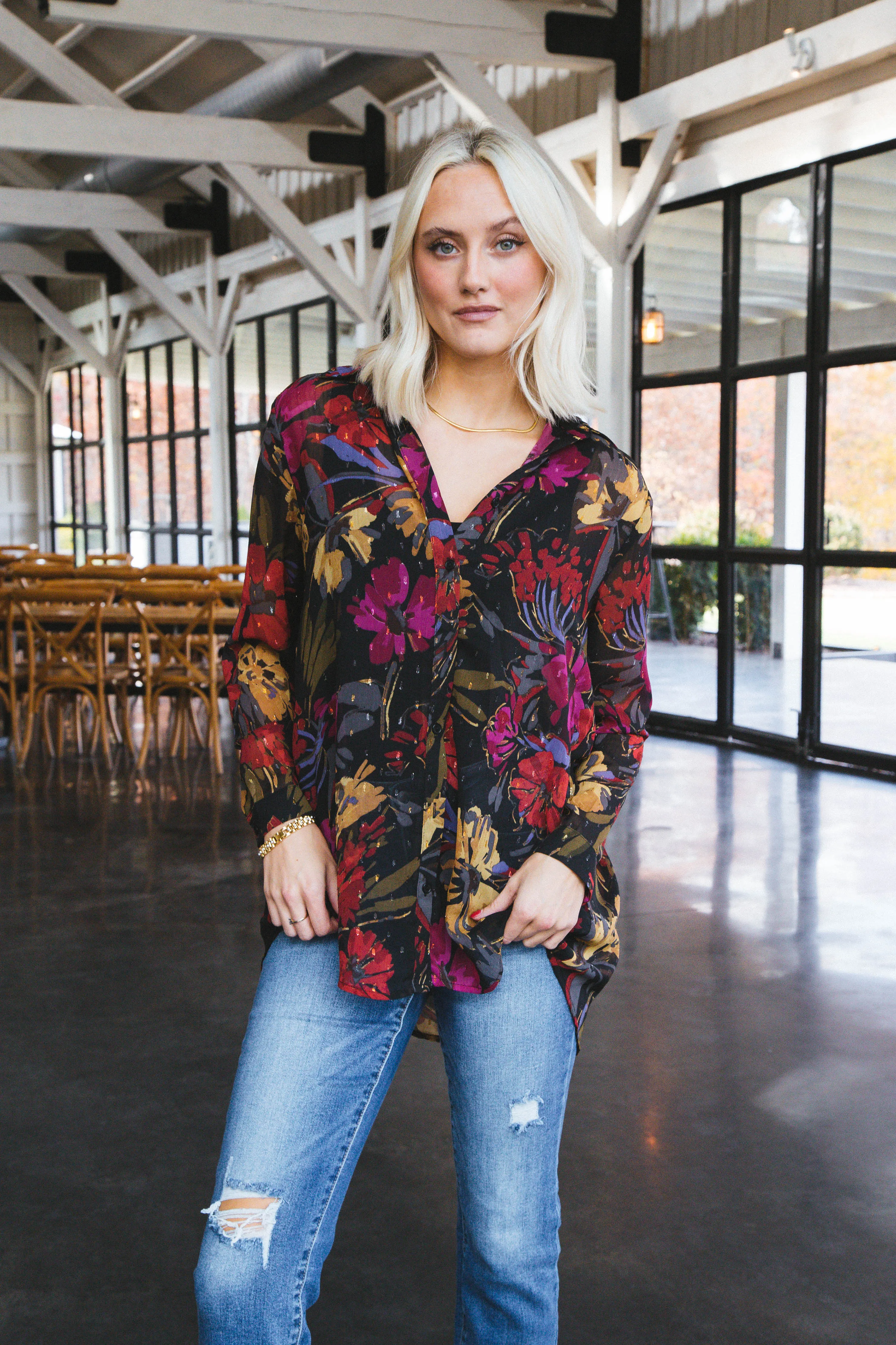 Among the Stars Button Down Top, Black Multi | Sadie & Sage