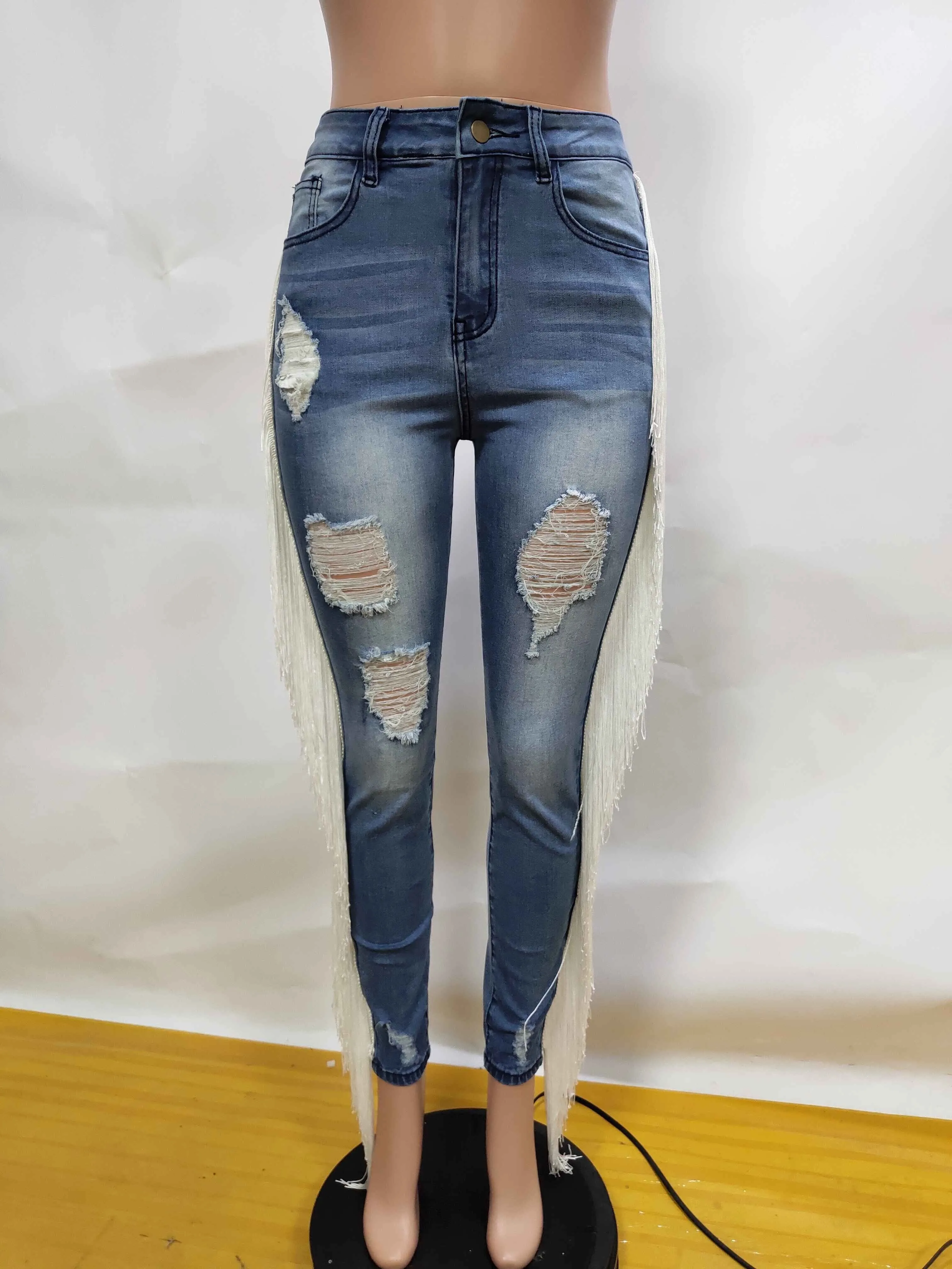 Distressed Tassel Jeans Holes Denim Casual