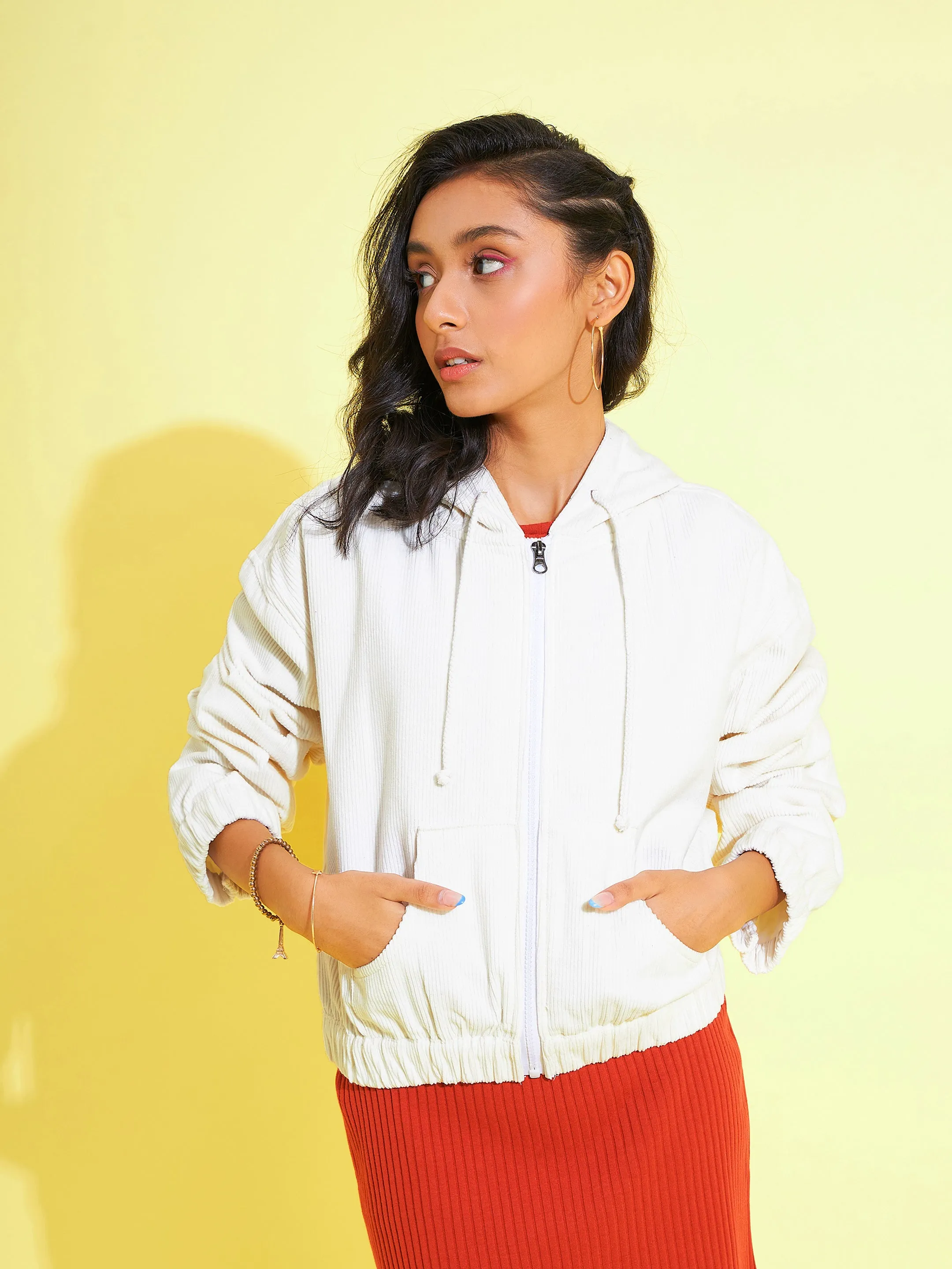 Girls Off White Corduroy Hoodie Crop Jacket