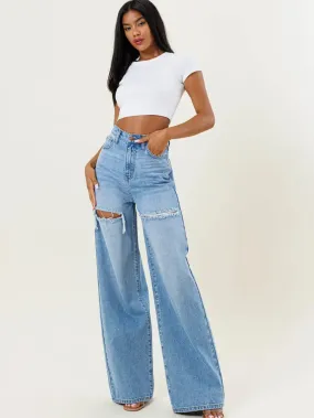 High Waist Distressed Wide Flood Denim Jeans