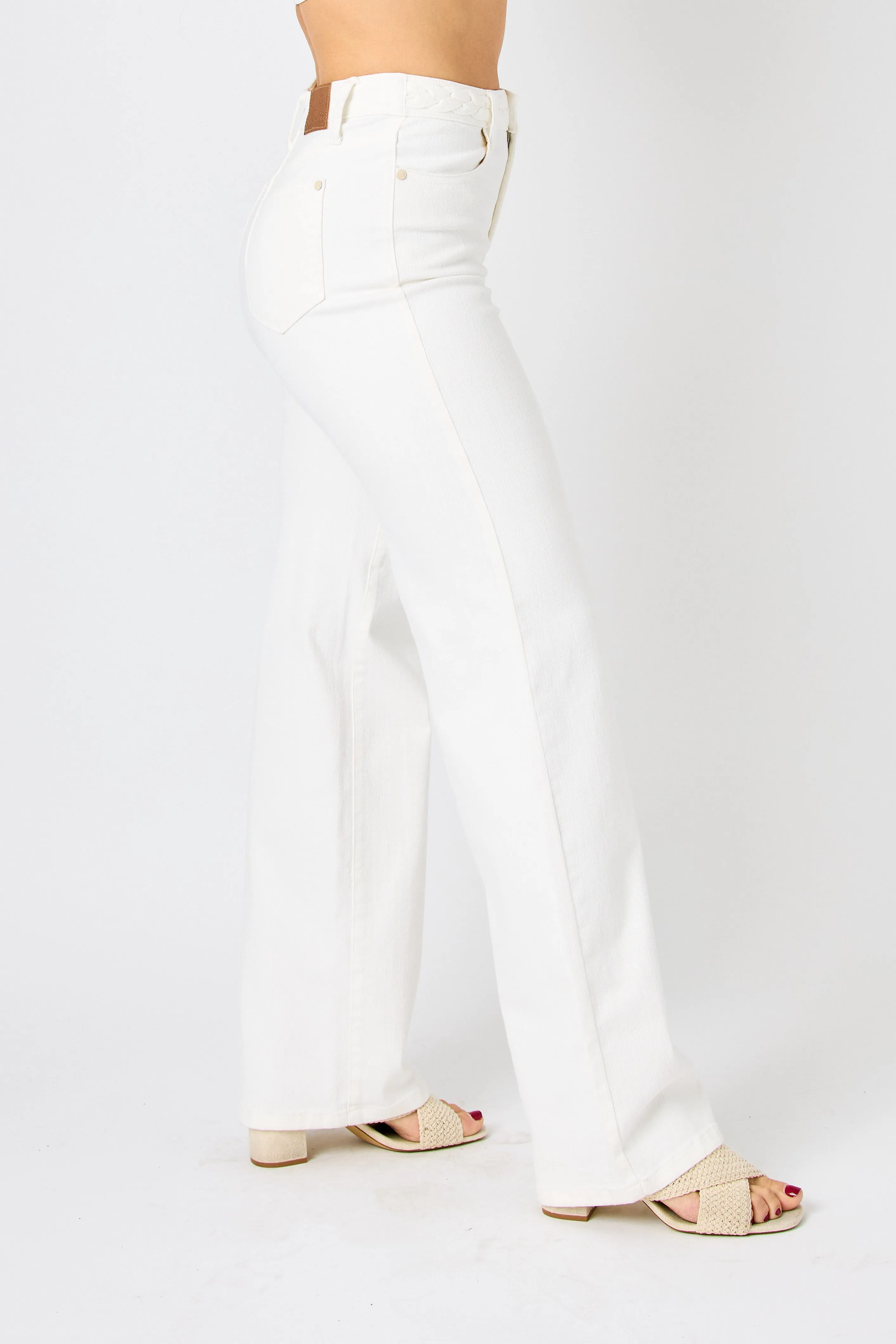 Judy Blue White Jeans Braided Detail Wide Leg