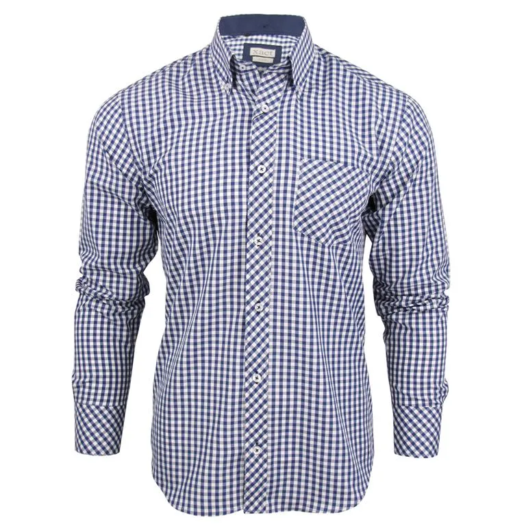 Mens Long Sleeve Gingham Check Shirt Button Down Collar Slim Fit By Xact