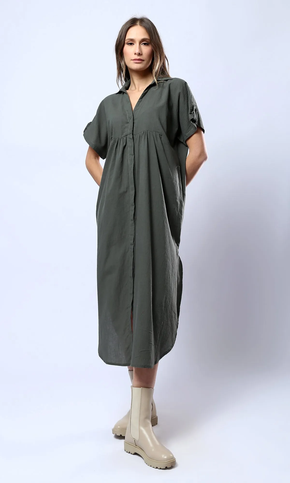 O178043 Open V-Neck Forest Green Summer Midi Dress