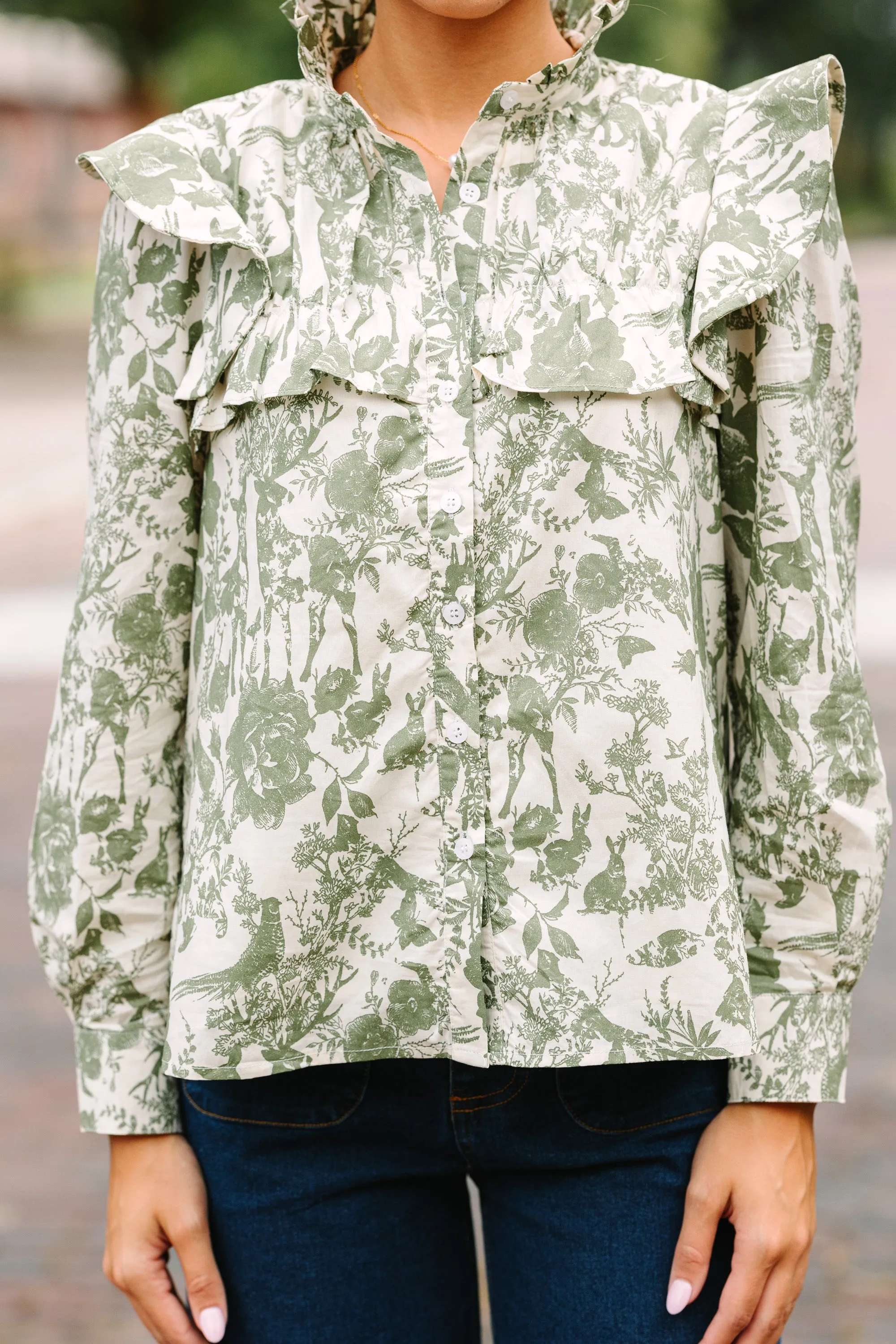 On Your Time Olive Green Toile Button Down Top