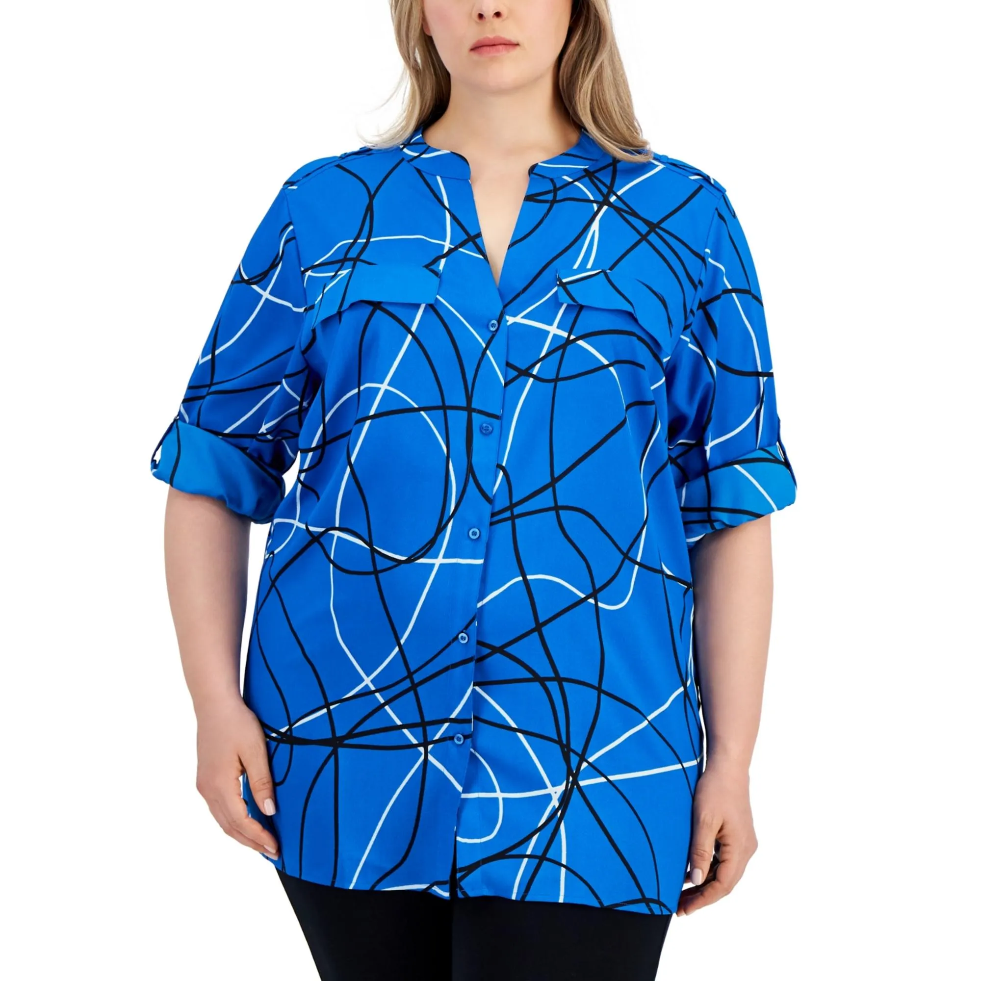 Plus Womens Printed Polyester Button-Down Top