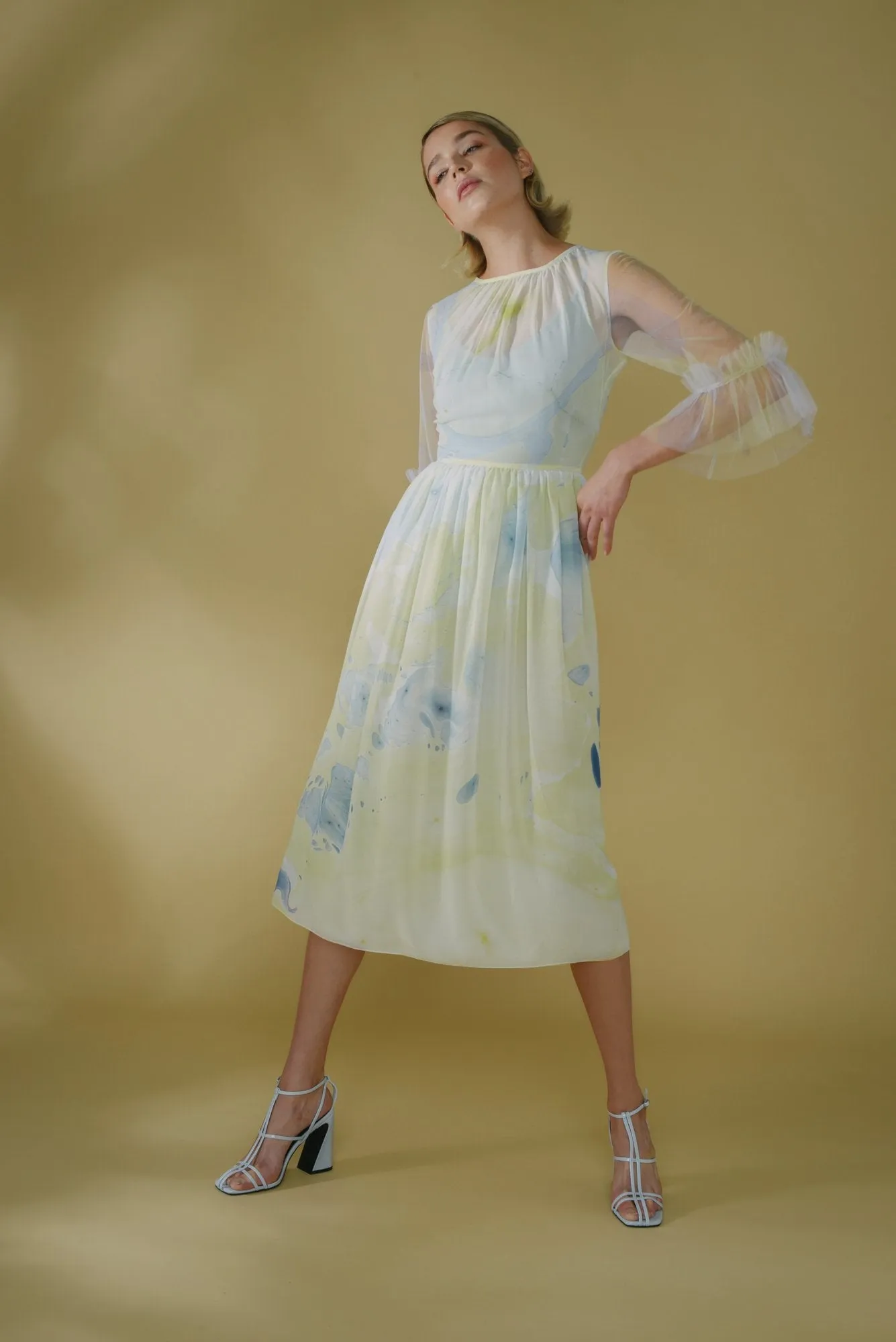 Silk Hand Marbled Gather Dress - Yellow & Blue