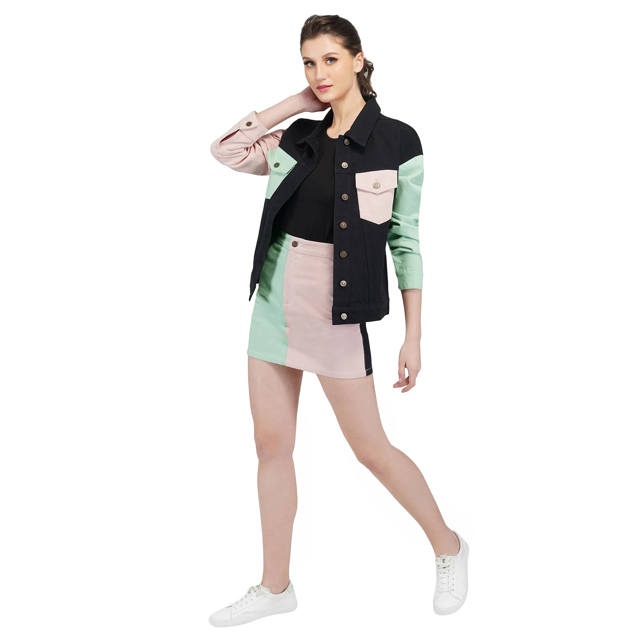 SLAY. Women's Flap Pocket Colorblock Cord Denim Jacket & Skirt Set