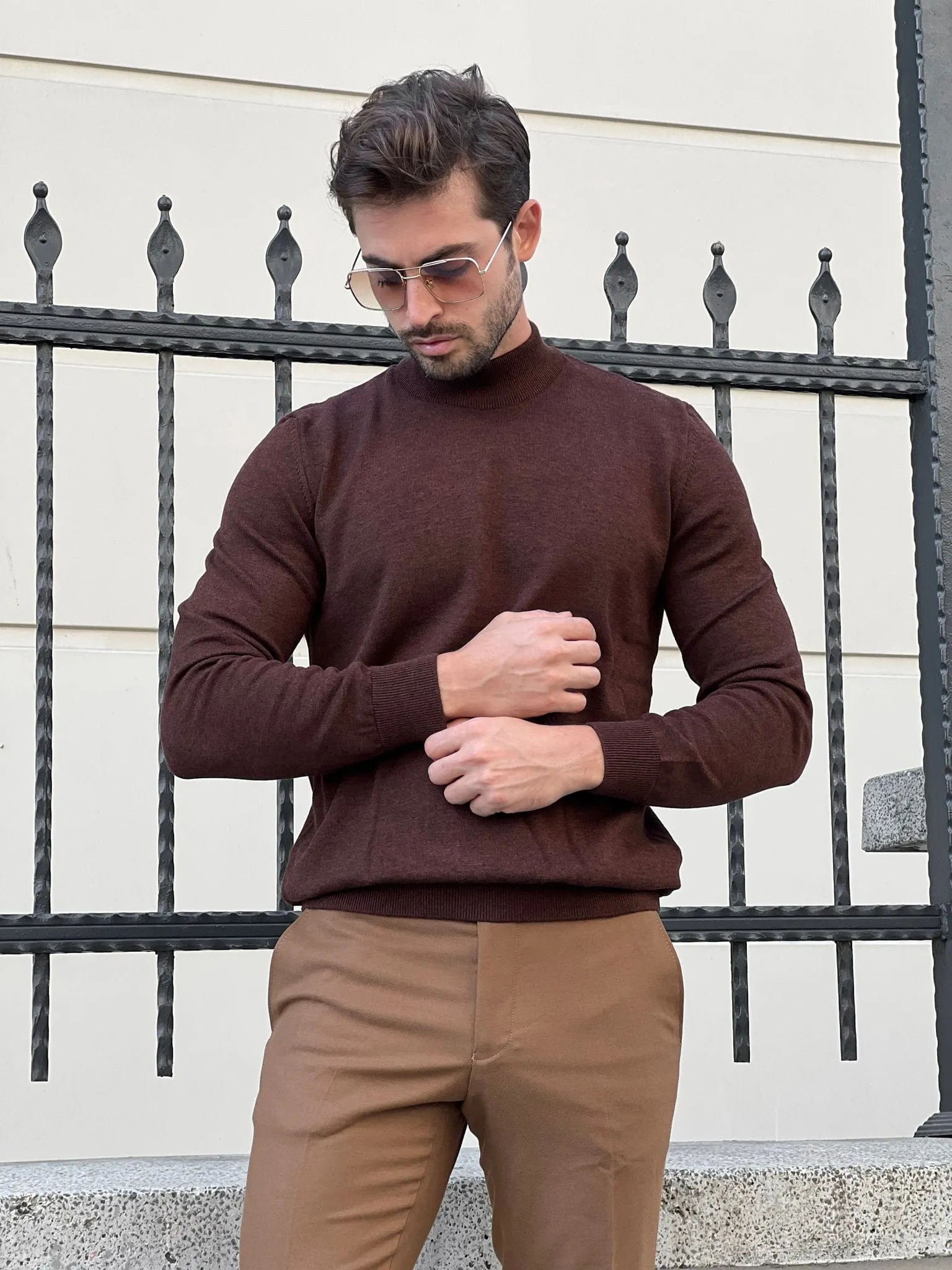 Slim Fit Brown Turtleneck Sweater