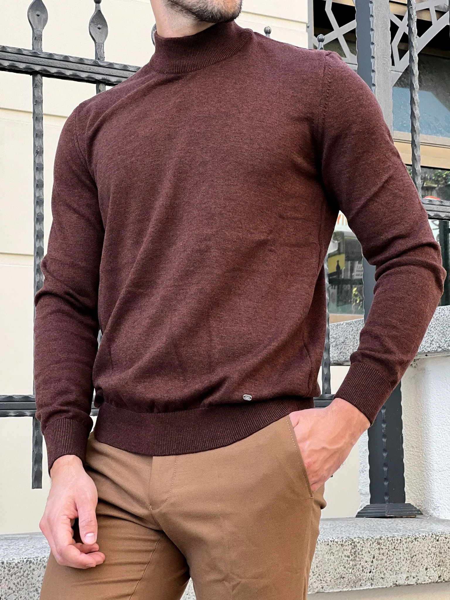 Slim Fit Brown Turtleneck Sweater