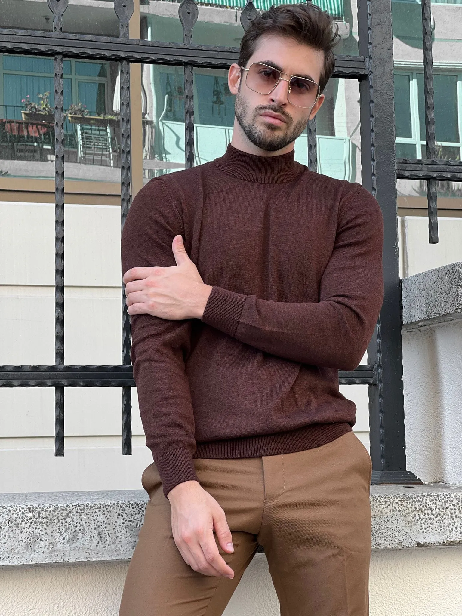 Slim Fit Brown Turtleneck Sweater