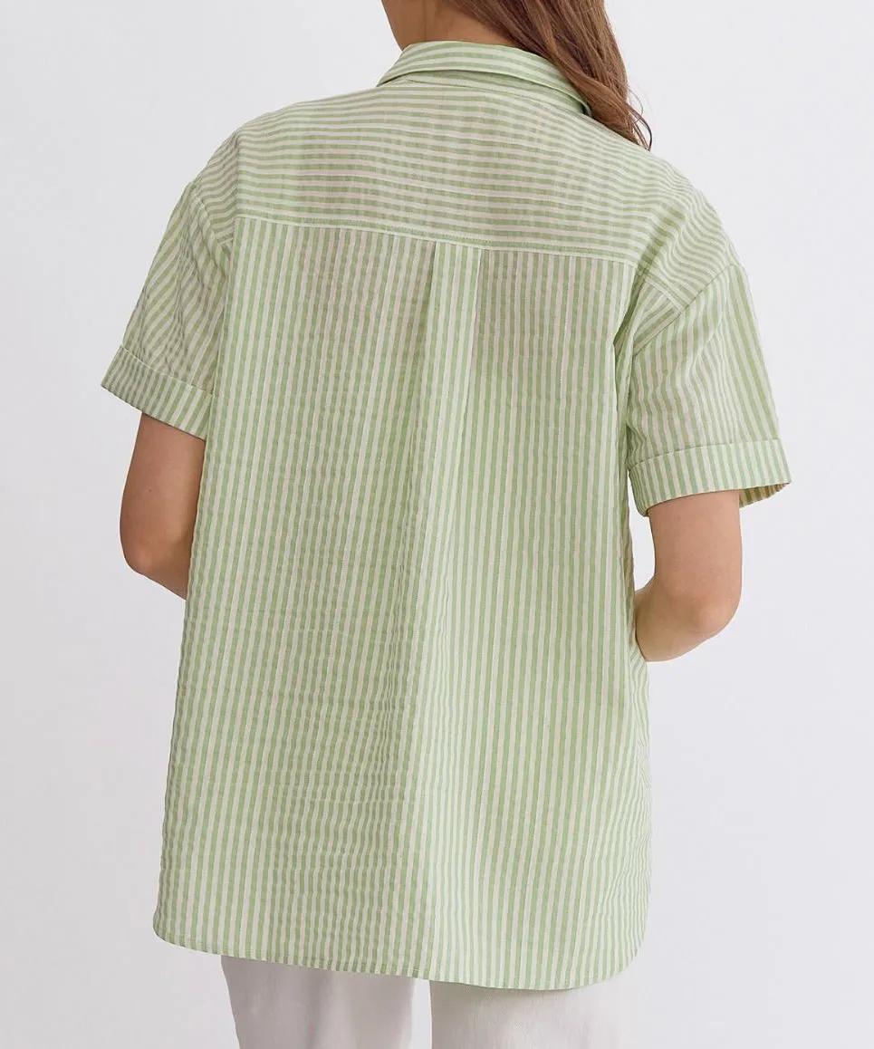 Stripe Button Down Top - Apple Green