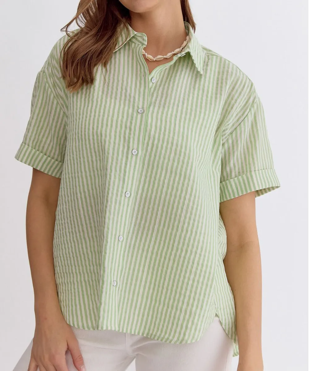 Stripe Button Down Top - Apple Green