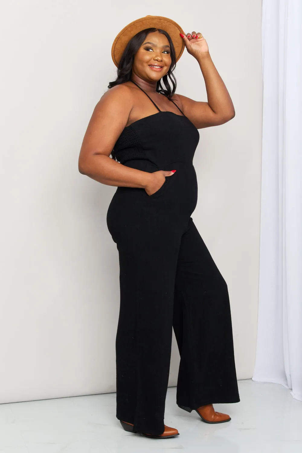 Sunset and Swim Plus Size Halter Neck Wide Leg Jumpsuit with Pockets