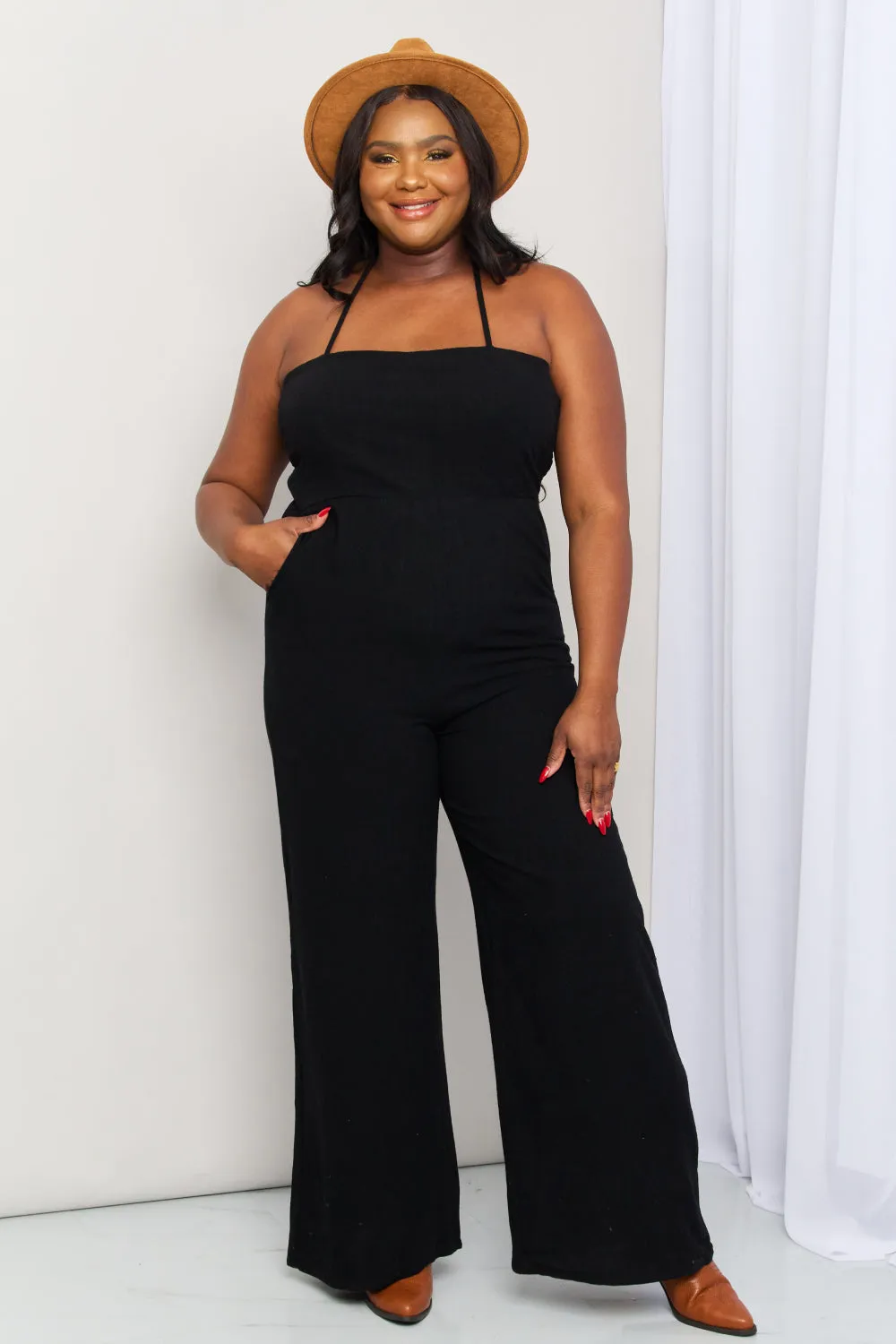 Sunset and Swim Plus Size Halter Neck Wide Leg Jumpsuit with Pockets