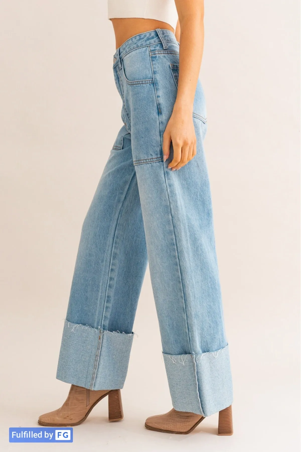 Wide Leg Cuffed Jeans