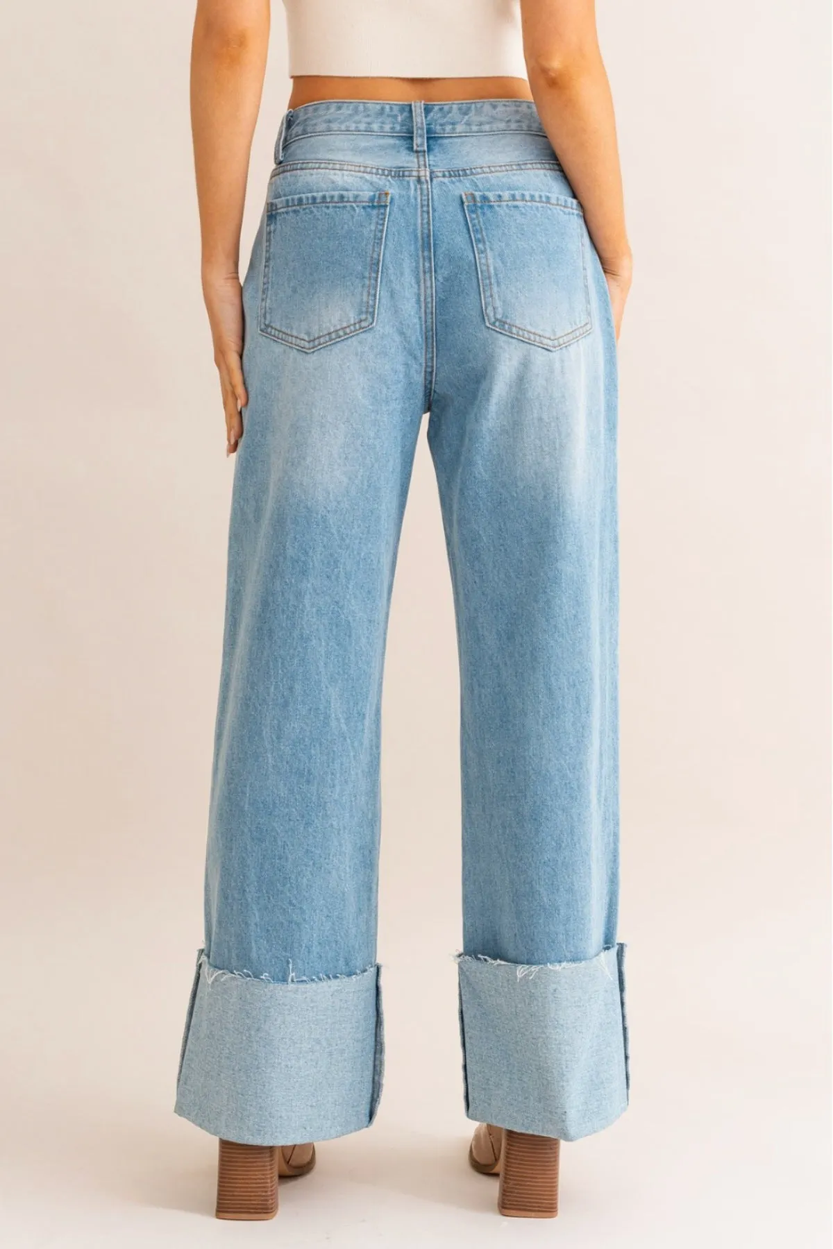 Wide Leg Cuffed Jeans